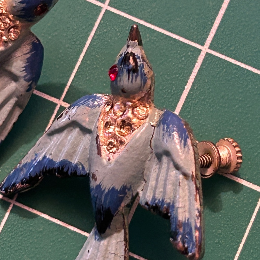Vintage CORO Hand Painted Swallows Blue Bird Crystal Earrings